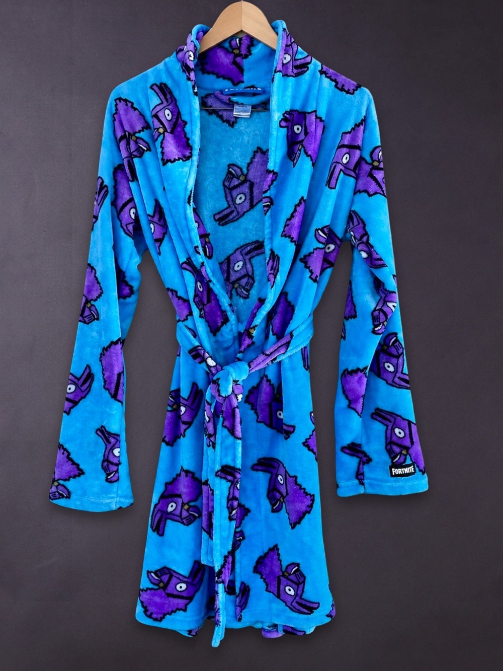 Boys Fortnite Llama Plush Fleece Bath Robe XL Blue Purple Belted Cozy Lounge